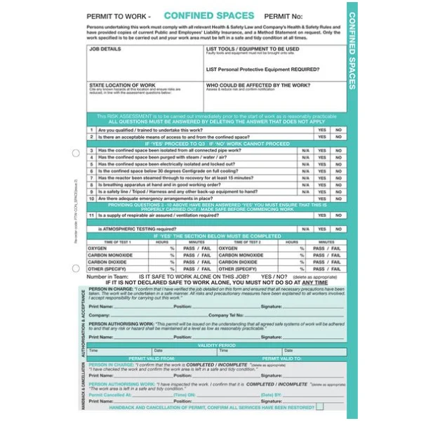 Confined Spaces Permit to Work triplicate pad with 50 A4 NCR forms for hazardous site safety
