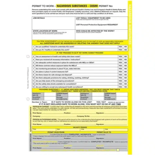 Hazardous Substance Permit to Work triplicate pad with 50 A4 NCR forms for hazardous site safety