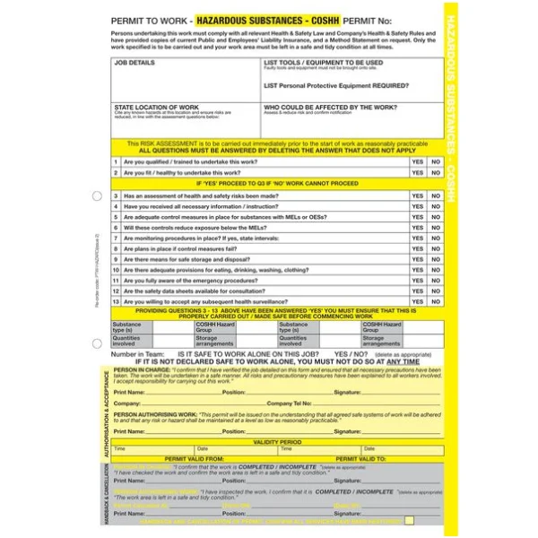 Hazardous Substance Permit to Work triplicate pad with 50 A4 NCR forms for hazardous site safety