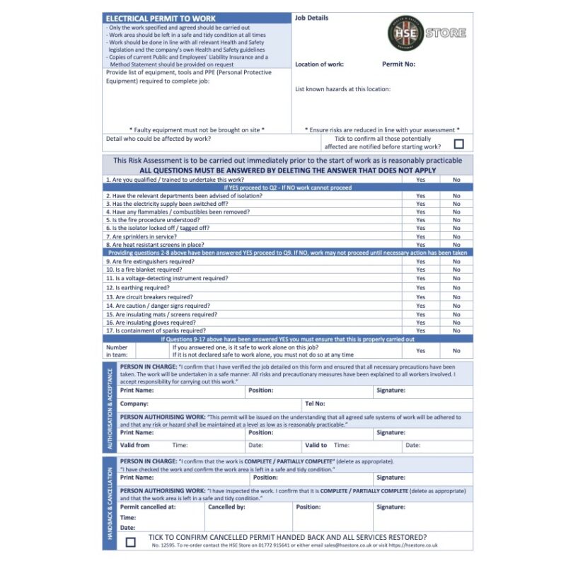 Permit To Work - Electrical - Pad of 50