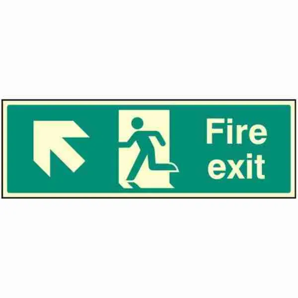 Fire exit photoluminescent sign with arrow pointing up and left
