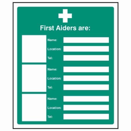 first aid 3 person with details sign