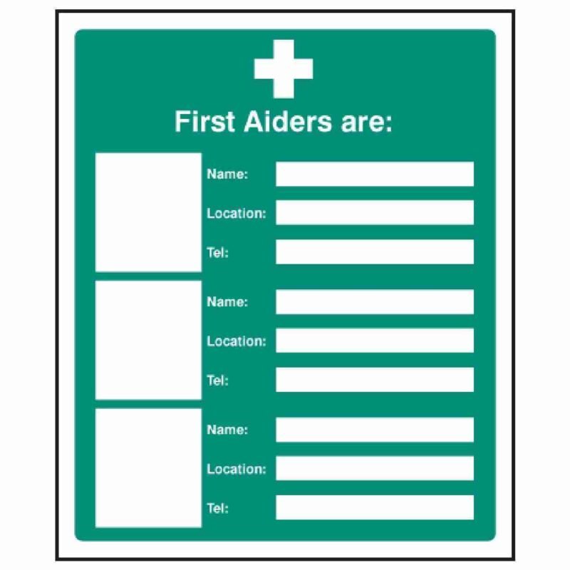 first aid 3 person with details sign