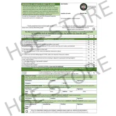 Permit to work - working at height - pad of 50