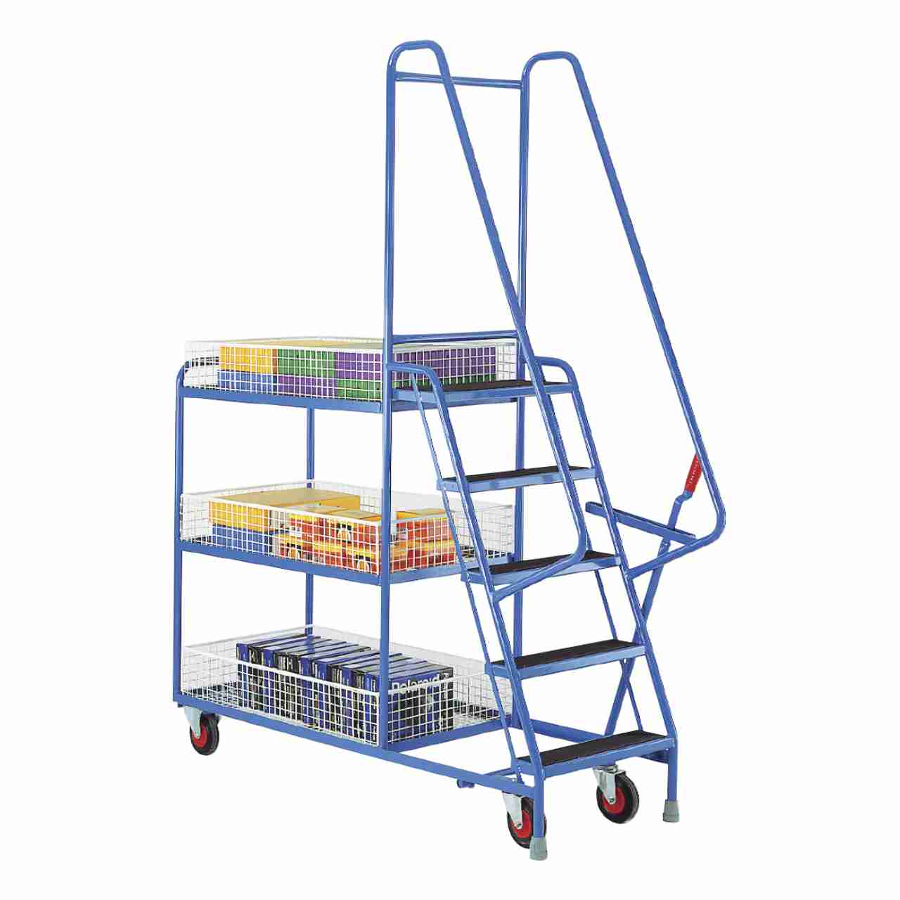 Steptek heavy duty mobile step ladder tray trolley - 5 treads - 3 tier