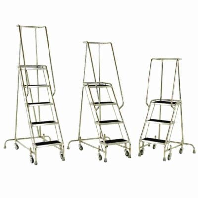 Stainless steel 3 tread mobile step platform with handrail group