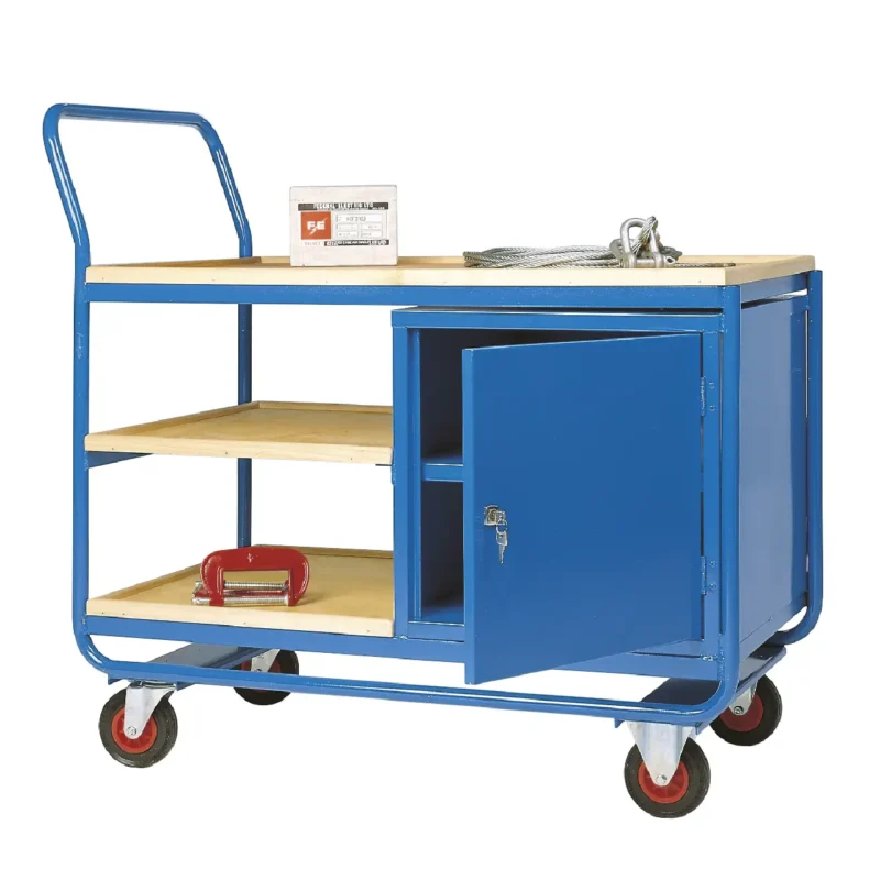 Loadtek Industrial Medium Duty Table Trolley 'TT160 Series' - 3 Tier with Cupboard - Plywood Shelves