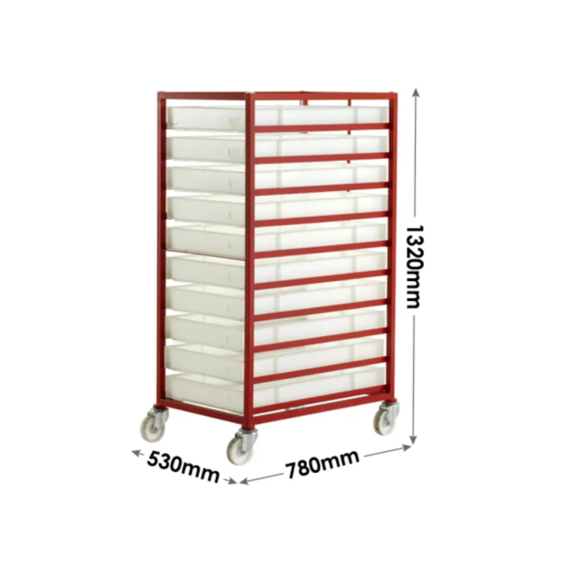 Loadtek Food Grade Storage Mobile Tray Rack - Complete Kit - 10 Trays Sizing