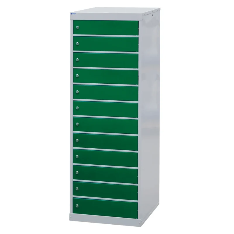 QMP Laptop Storage Lockers - 12 Door 12 Compartment Green