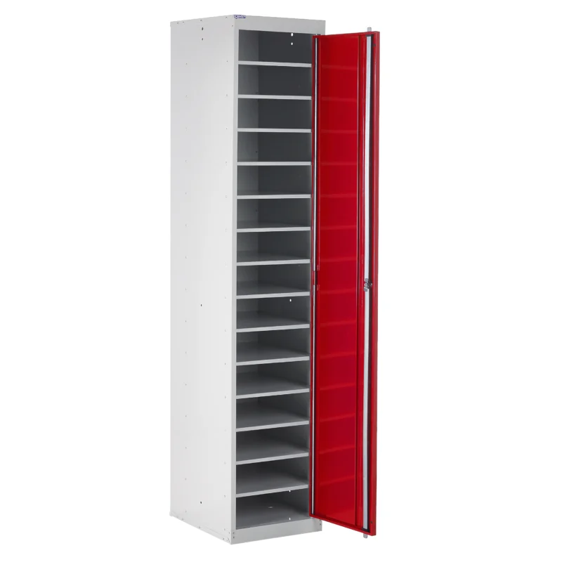 QMP Laptop Storage Lockers - 1 Door 15 Compartment Red Open