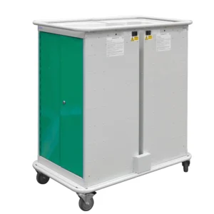 QMP Laptop Charging Locker Trolley - 4 Door 16 Compartment Green
