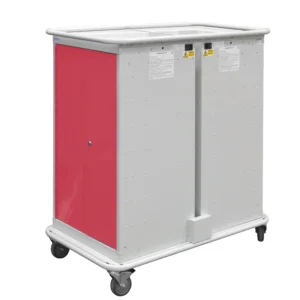 QMP Laptop Charging Locker Trolley - 4 Door 16 Compartment Red