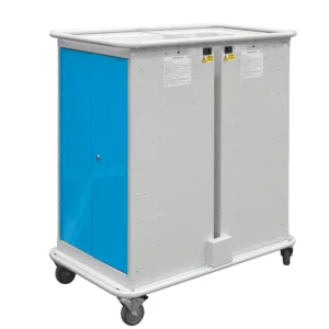 QMP Laptop Charging Locker Trolley - 4 Door 16 Compartment Light Blue