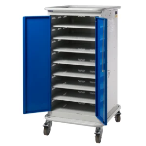 QMP Laptop Charging Locker Trolley - 2 Door 8 Compartment Open Blue