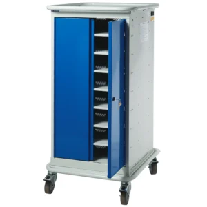 QMP Laptop Charging Locker Trolley - 2 Door 8 Compartment Blue Open