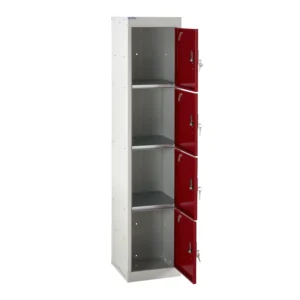 QMP School Lockers - 1380mm Height - 4 Door Red Open