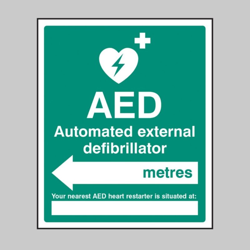 AED Located In __ Metres - Arrow Left - Safety Signs