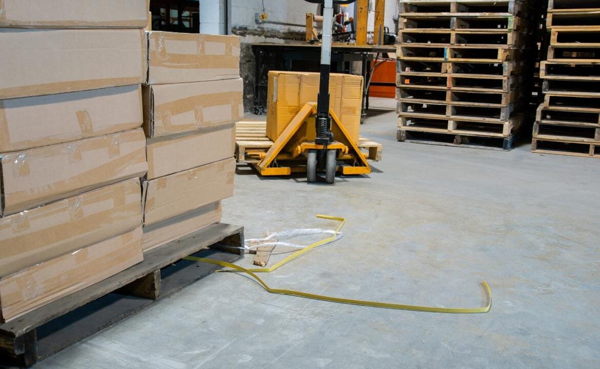 Warehouse floor showing plastic strapping as a trip hazard