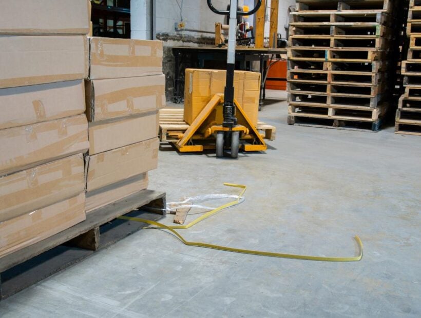 Warehouse floor showing plastic strapping as a trip hazard