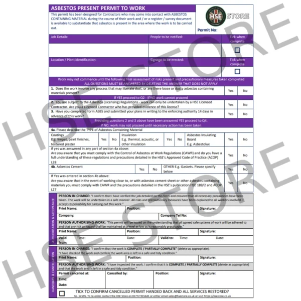 Permit To Work - Asbestos - Pad of 50