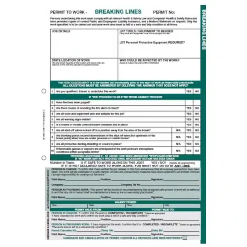 Breaking Lines Permit to Work triplicate pad with 50 A4 NCR forms for hazardous site safety