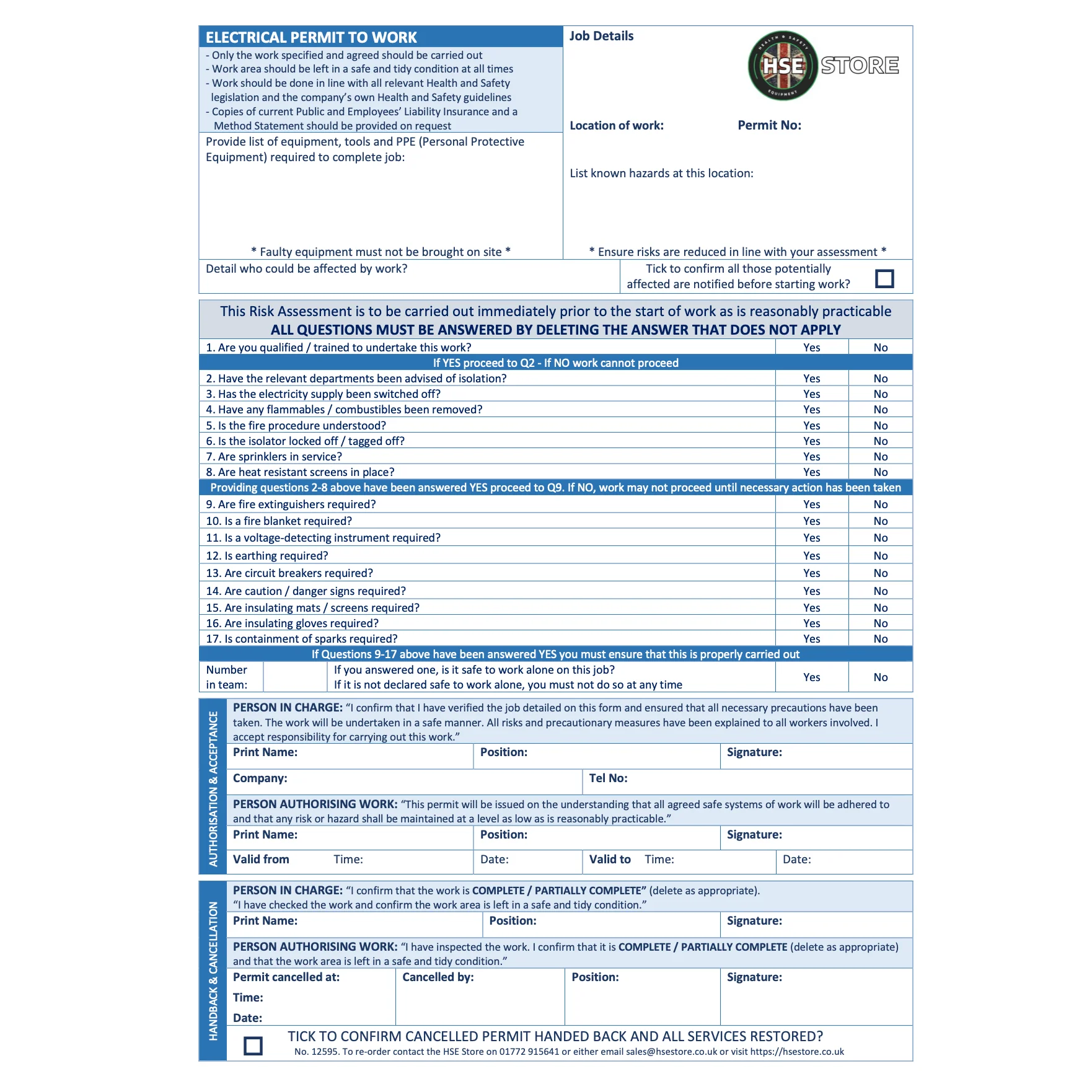 Permit To Work - Electrical - Pad Of 50 1 Electrical permit to work triplicate pad with 50 a4 ncr forms for hazardous site safety