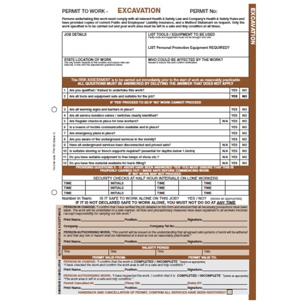 Permit To Work - Excavation - Pad Of 50 1 Excavation permit to work triplicate pad with 50 a4 ncr forms for hazardous site safety