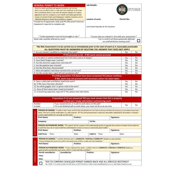General Permit to Work triplicate pad with 50 A4 NCR forms for hazardous site safety