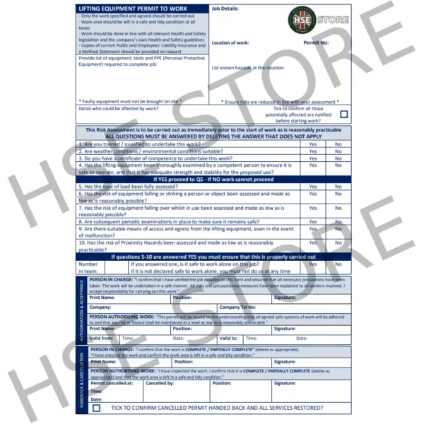 Permit To Work - Lifting Equipment - Pad of 50