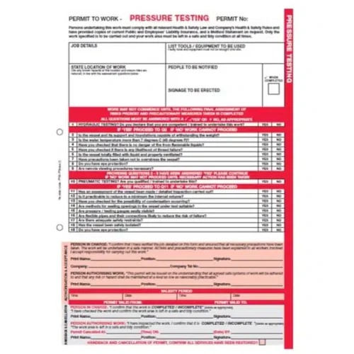 Pressure Testing Permit to Work triplicate pad with 50 A4 NCR forms for hazardous site safety