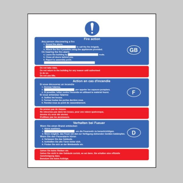 Fire Action (English, French, German) - Safety Signs